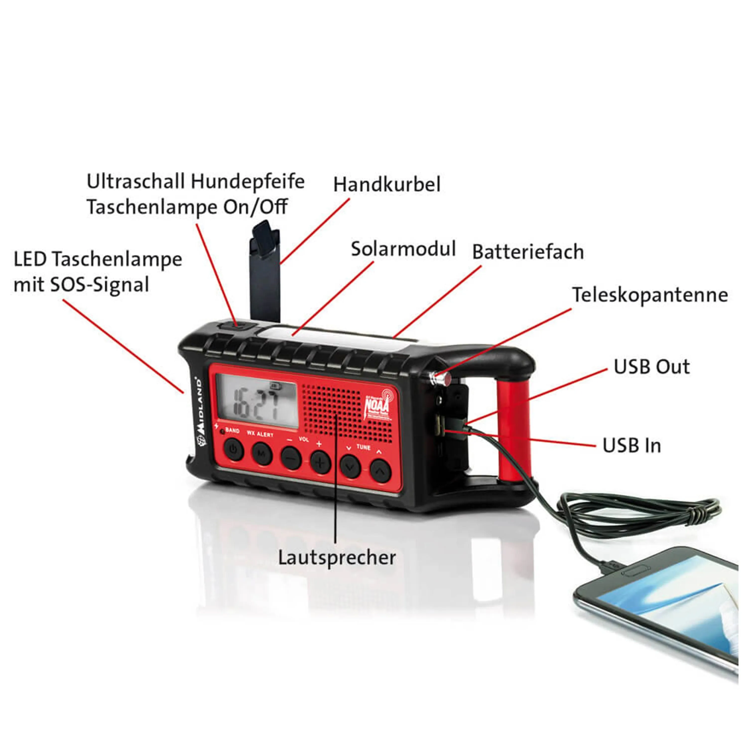 Midland -  Midland Outdoor Kurbel-Radio ER 300 rot