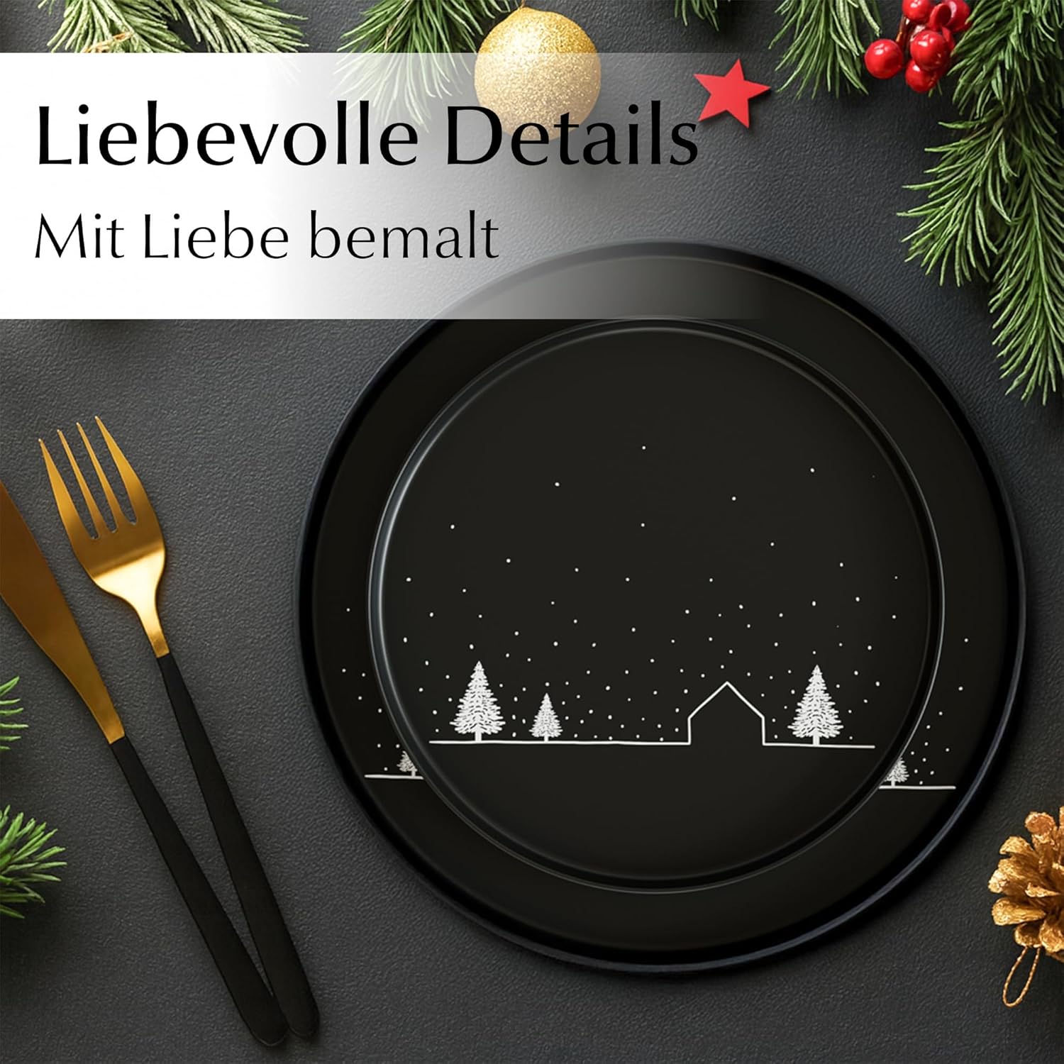 MIAMIO – Weihnachtsgeschirr 8 Personen / 24-teiliges Keramik Geschirrset schwarz matt für Weihnachten Winter – Schneelandschaft Motiv/Mikrowellen- und Spülmaschinengeeignet – Vinter Kollektion