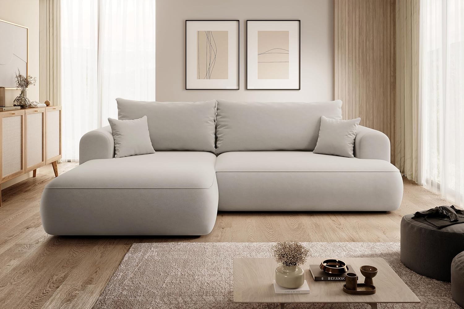 Selsey OVO - Ecksofa mit Schlaffunktion, Bettkasten, Ottomane Links, Easy-Clean-Veloursbezug in Cremeweiß
