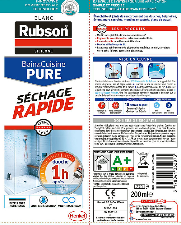 Mastic Rubson Bain&Cuisine Pure Séchage Rapide blanc MSP 200ml