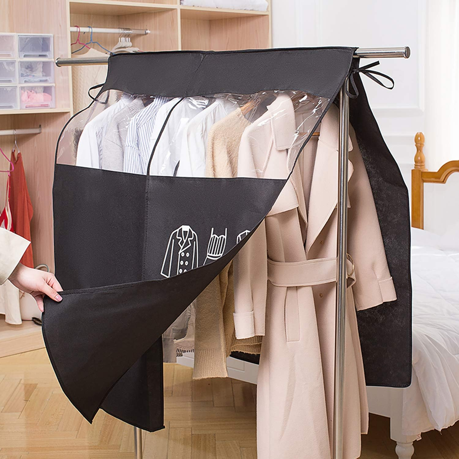 (88x218cm) Kleiderstangen Schutzabdeckung Kleiderhülle Staubschutz Kleiderständer Überzug mit Sichtfenster - Schwarz
