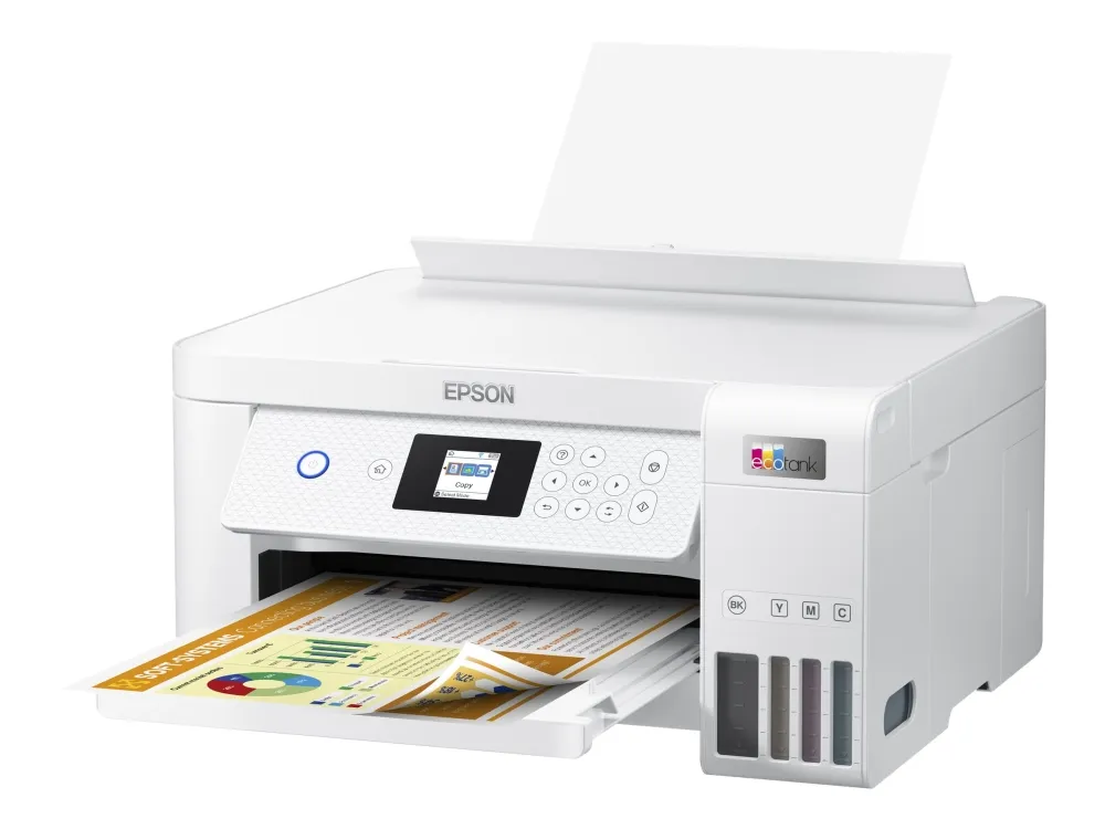 Epson EcoTank ET-2856 - Multifunktionsprinter - farve - blækprinter - kan genopfyldes - A4 (medie) - op til 10.5 spm (udskriver) - 100 ark - Wi-Fi, USB - hvid
