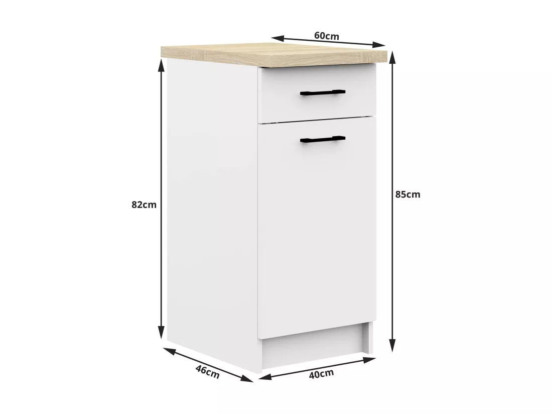 Armoires de cuisine basse AKORD S40 OLIWIA Blanc 40 cm 1 porte 1 tiroir façade Blanche 2 étagères 40x46x85 cm