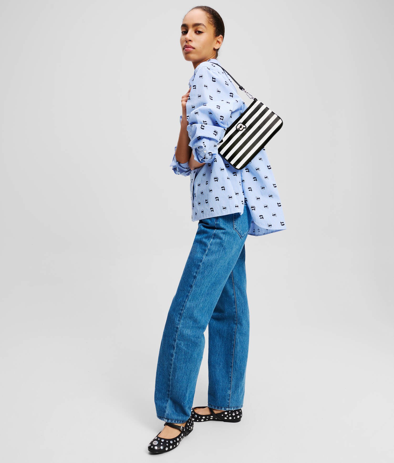 POCHETTE PORTÉ ÉPAULE EN NYLON IKON - Petite rayure Noir-Blanc