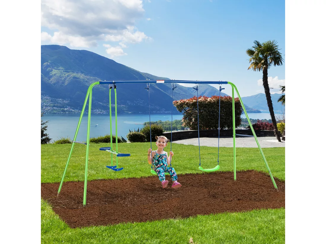 Balançoire 3 agrès portique avec 2 balançoires et face à face dim. 2,8L x 1,4l x 1,78H m métal époxy anticorrosion PE vert bleu