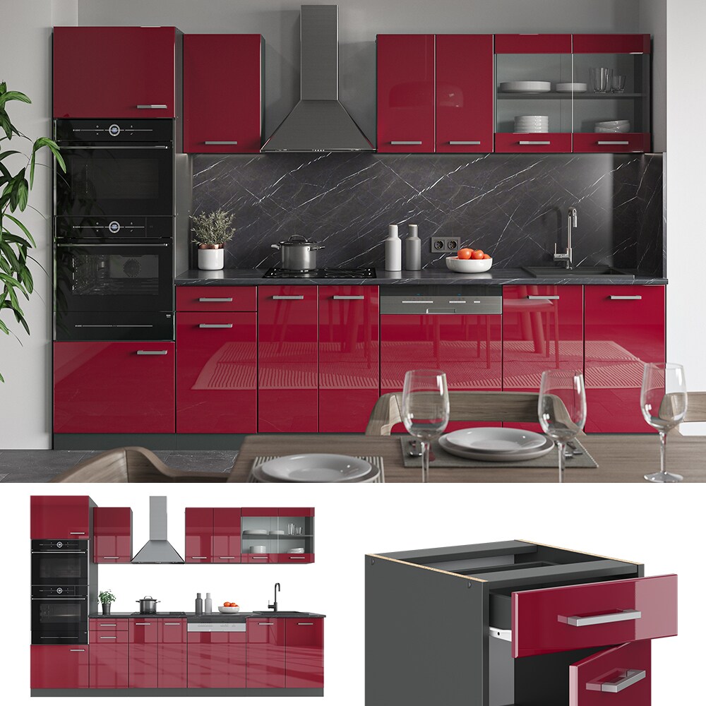 VICCO KÜCHE R-LINE 300 CM KÜCHENZEILE KÜCHENBLOCK EINBAUKÜCHE ANTHRAZIT BORDEAUX HOCHGLANZ