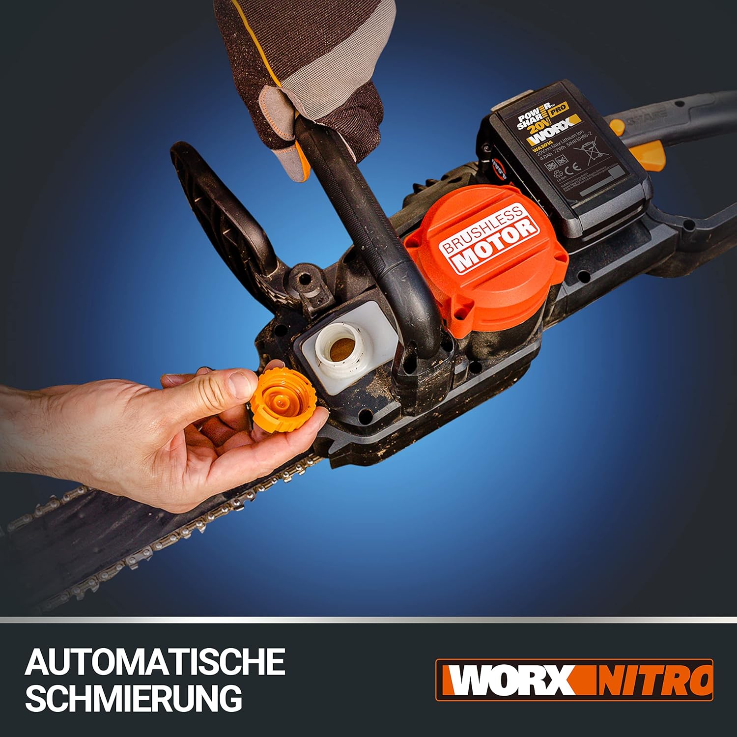 WORX WG385E.9 NITRO Akku Kettensäge 40V(2x20V) - bürstenloser Motor - automatische Kettenspannung & Kettenschmierung - 40cm Schnittlänge - 18m/s Schnittgeschwindigkeit - ohne Akku & Ladegerät