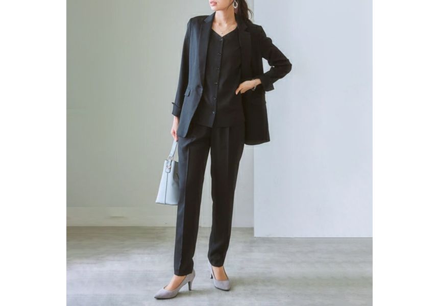 YARU - Set: Effen V-hals vest met knoopjes + Blazer met één knoop + Broek met hoge taille en wijde pijpen