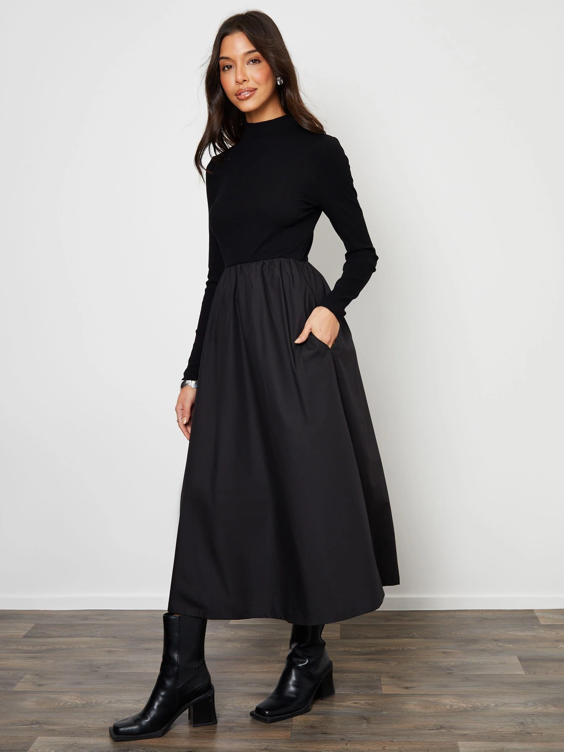 Zwart - Threadbare High Neck 2 In 1 Jersey Poplin Mix Mini Dress