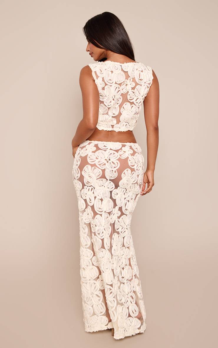 Crème Jupe Longue Colonne Transparente À Texture Florale Petite Taille Coordonnée