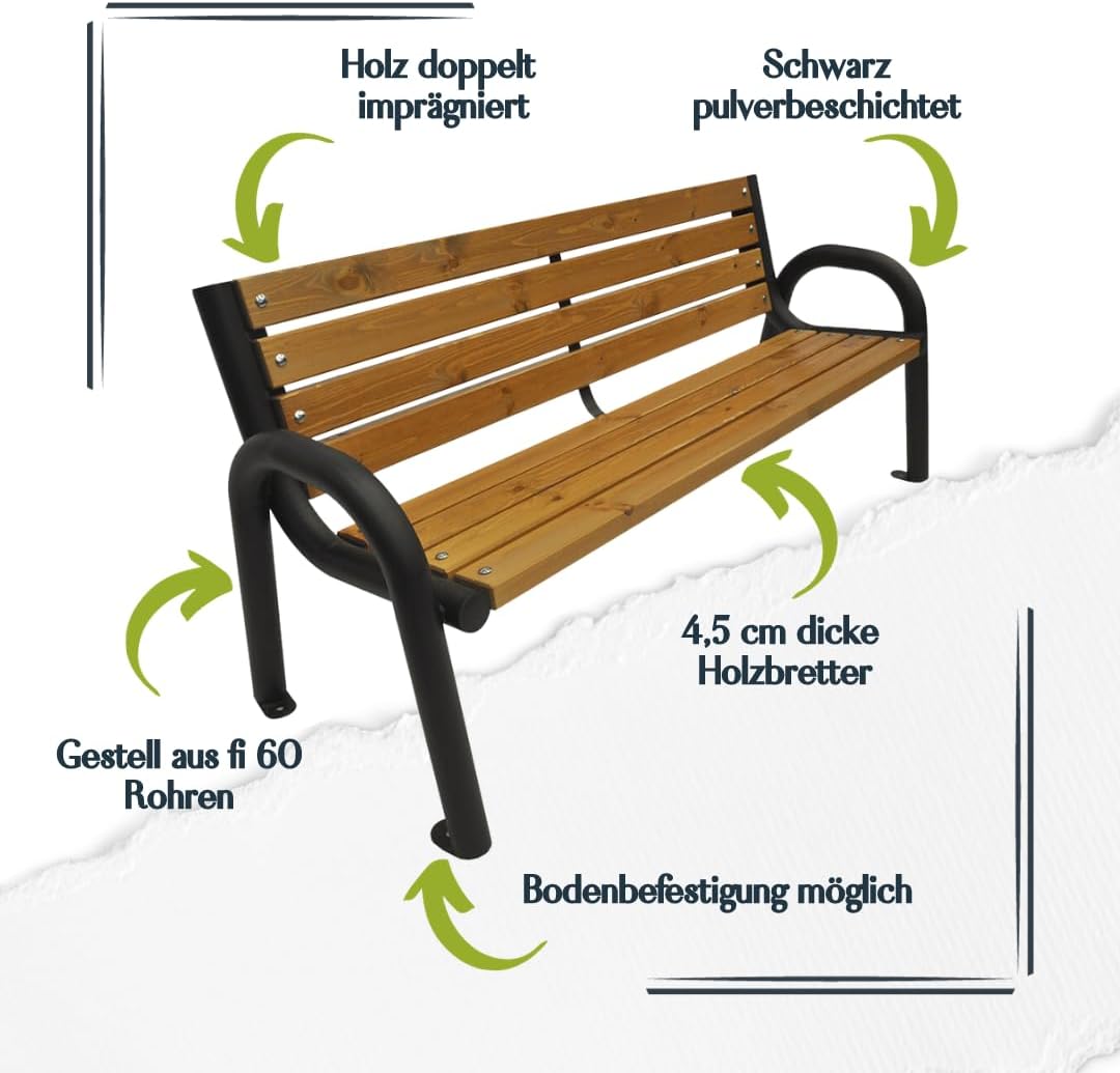 Gartenbank, Parkbank Holz - Gartenmöbel, Outdoor Bank mit 350kg Tragfähigkeit - Sitzbank Wetterfeste, Design Skandinavische (Primario Helle Eiche, 175 cm - Gesamtlänge der Bank, CE)