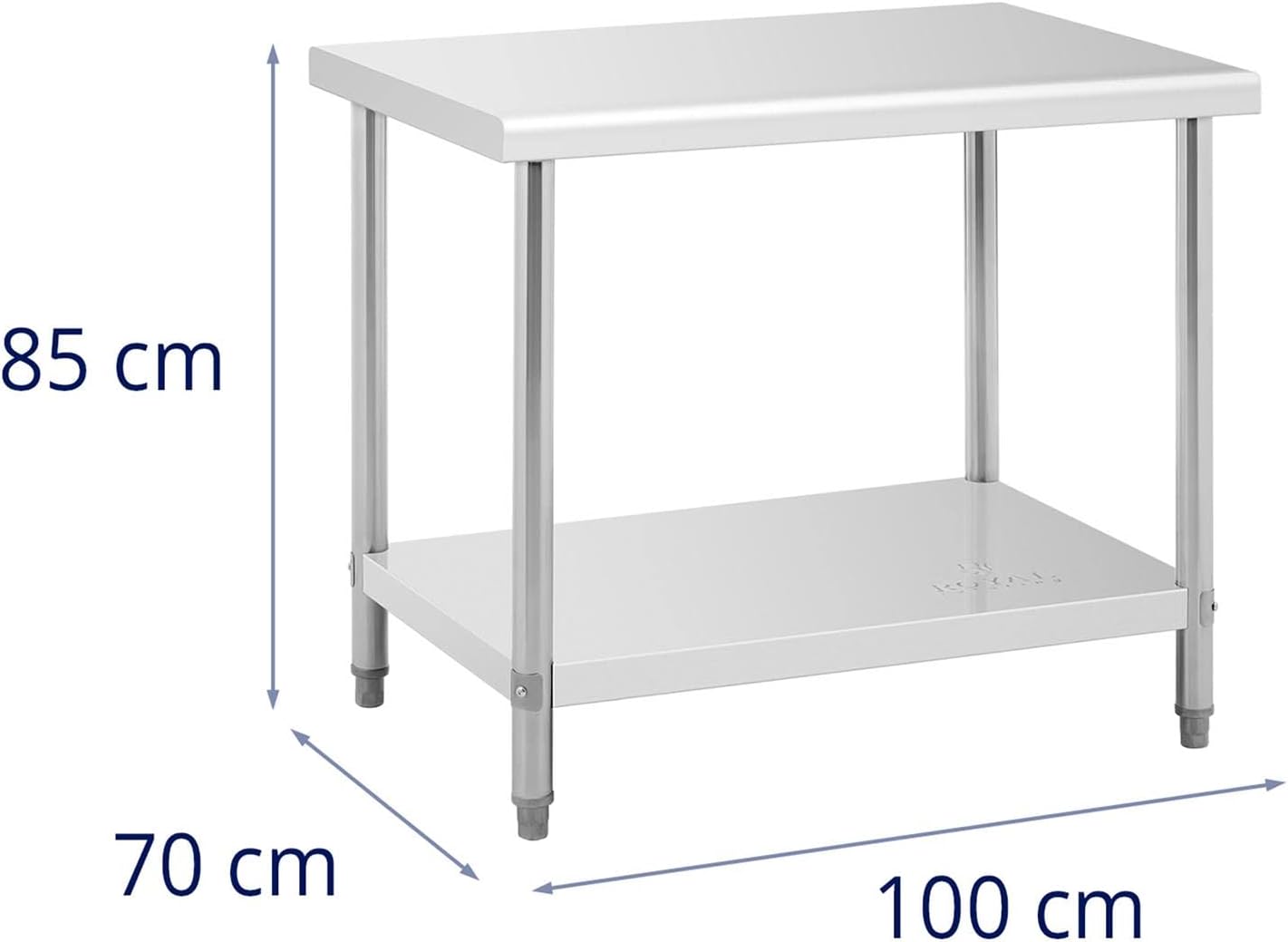 Royal Catering RCAT-100/70 Arbeitstisch aus Edelstahl (100 x 70 cm, 1 Arbeitsplatte und 1 Einlegeboden, bis 400 kg, höhenverstellbare Füße, Edelstahl)