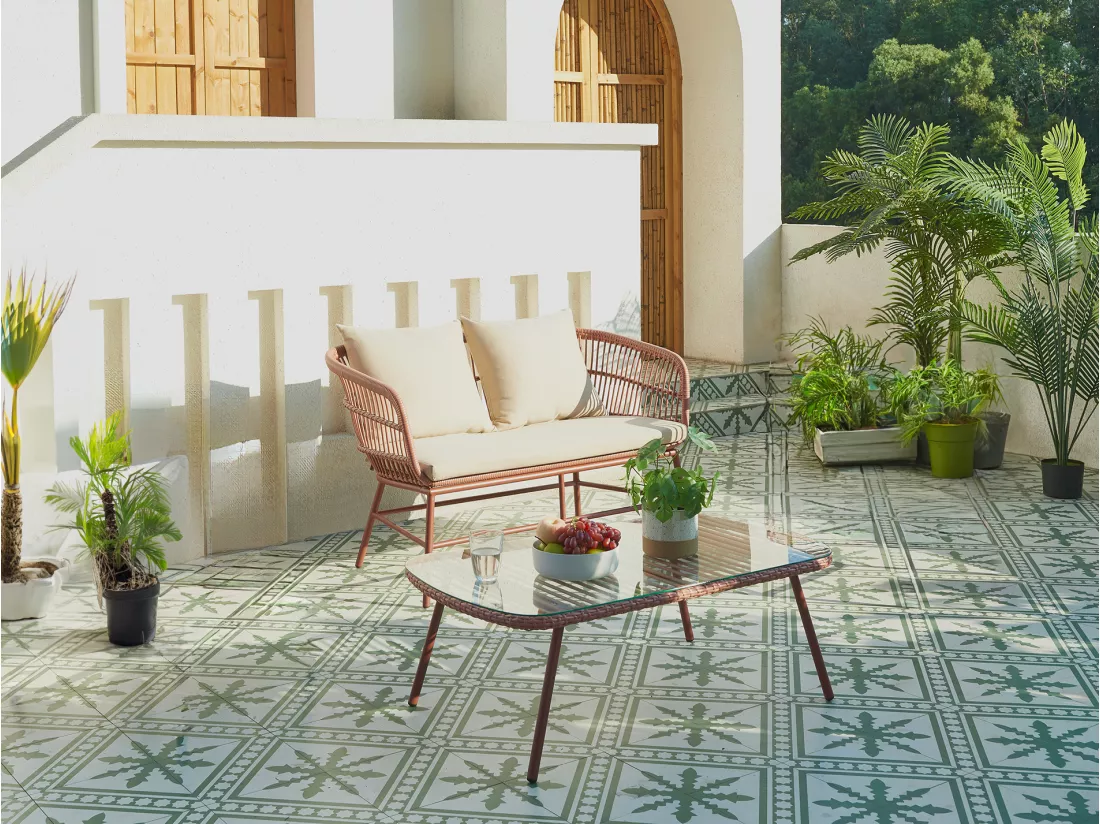 Salon de jardin en résine tressée : 1 canapé 2 places et 1 table basse - Terracotta - LOUSINI de MYLIA