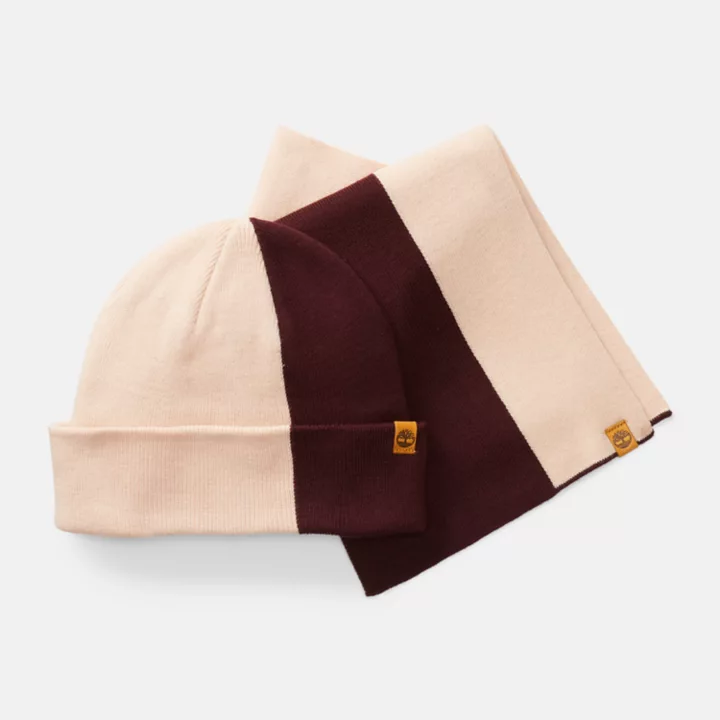 Conjunto de presente feminino com gorro e cachecol em blocos de cores rosa.