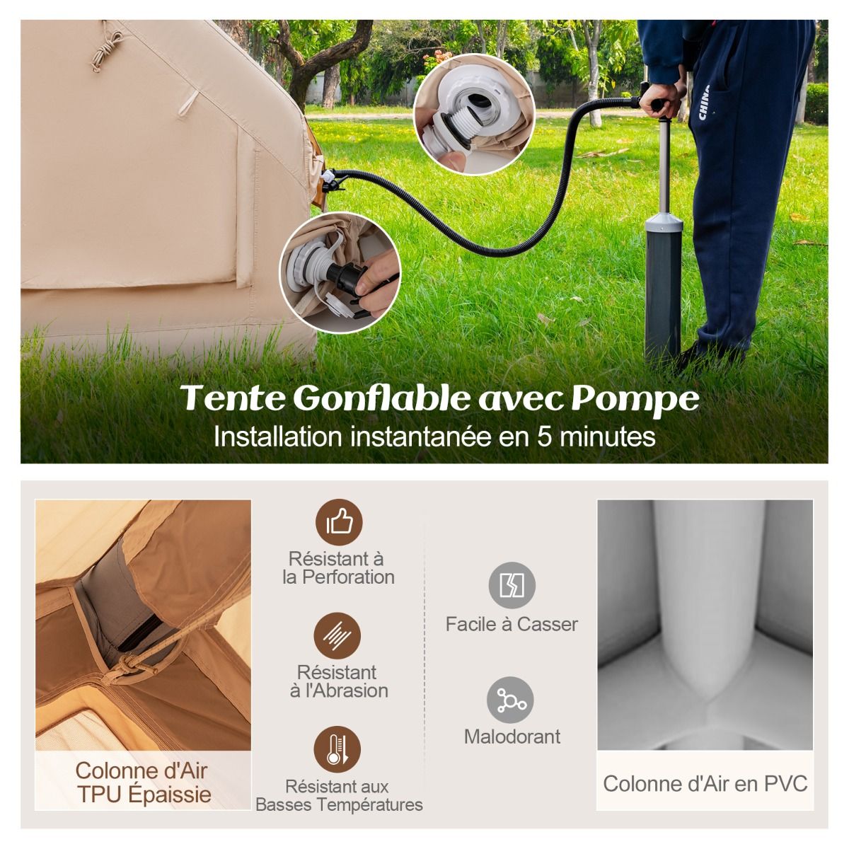 Tente de Camping Gonflable 6 m² pour 4-6 Personnes Tente en Coton Coupe-vent et Imperméable avec Pompe 7 Fenêtres à Moustiquaire Beige - Lidl-Manfred