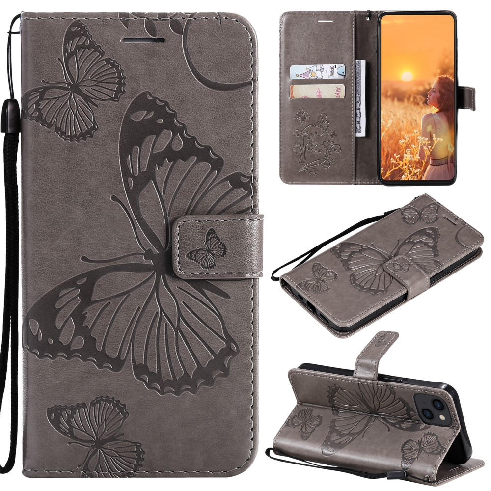 iPhone 13 Leder Tasche mit Kartenfach   Handschlaufe Schmetterling - Grau