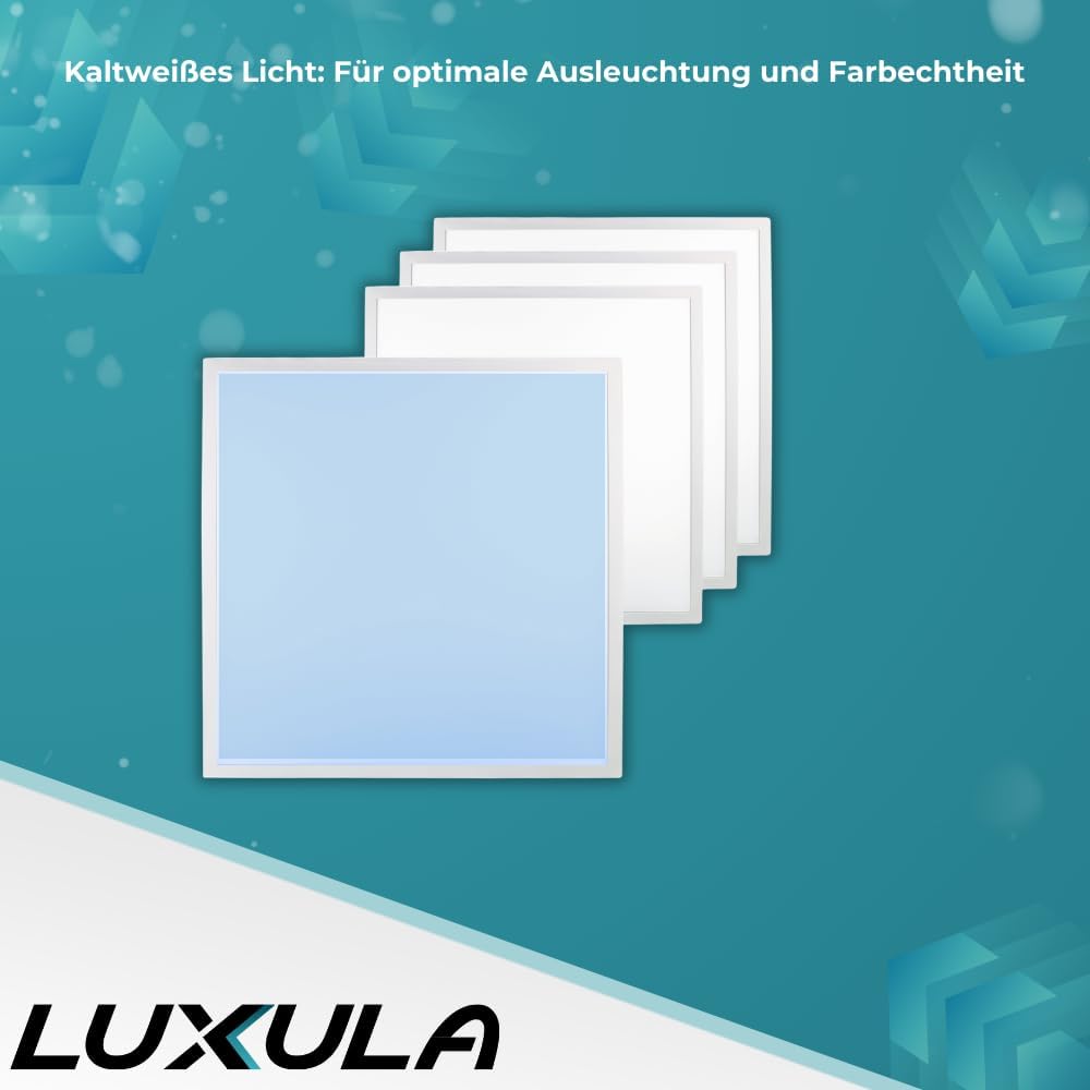 LUXULA 6x LED Panel 62x62cm Rasterleuchte - 36W 3600lm - 6000K Kaltweiß - flimmerfrei - mit Netzteil 230V - LED Deckenleuchte für Rasterdecke - Einlegeleuchte Büroleuchte Gewerbe