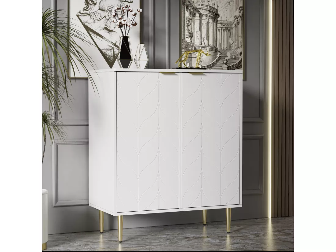 Buffet bas avec 2 portes - Motif floral - Panneaux de particules - pour salon, salle de bain - Blanc - 75 x 40 x 90 cm