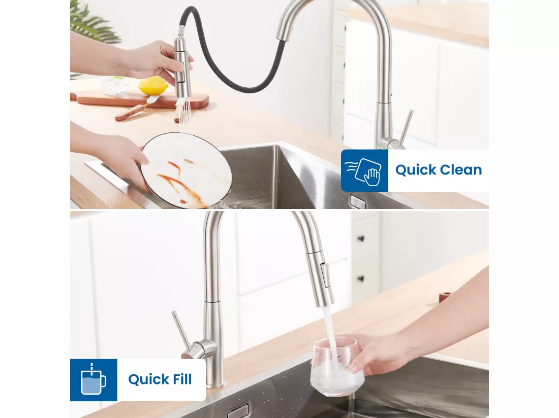 2PCS AURALUM MAX Robinet de Cuisine,Mitigeur Évier Inox avec Douchette Extractible,2 Modes Jets Eau Froide/Chaude Rotatif 360°,Bec en Forme U,Brossé