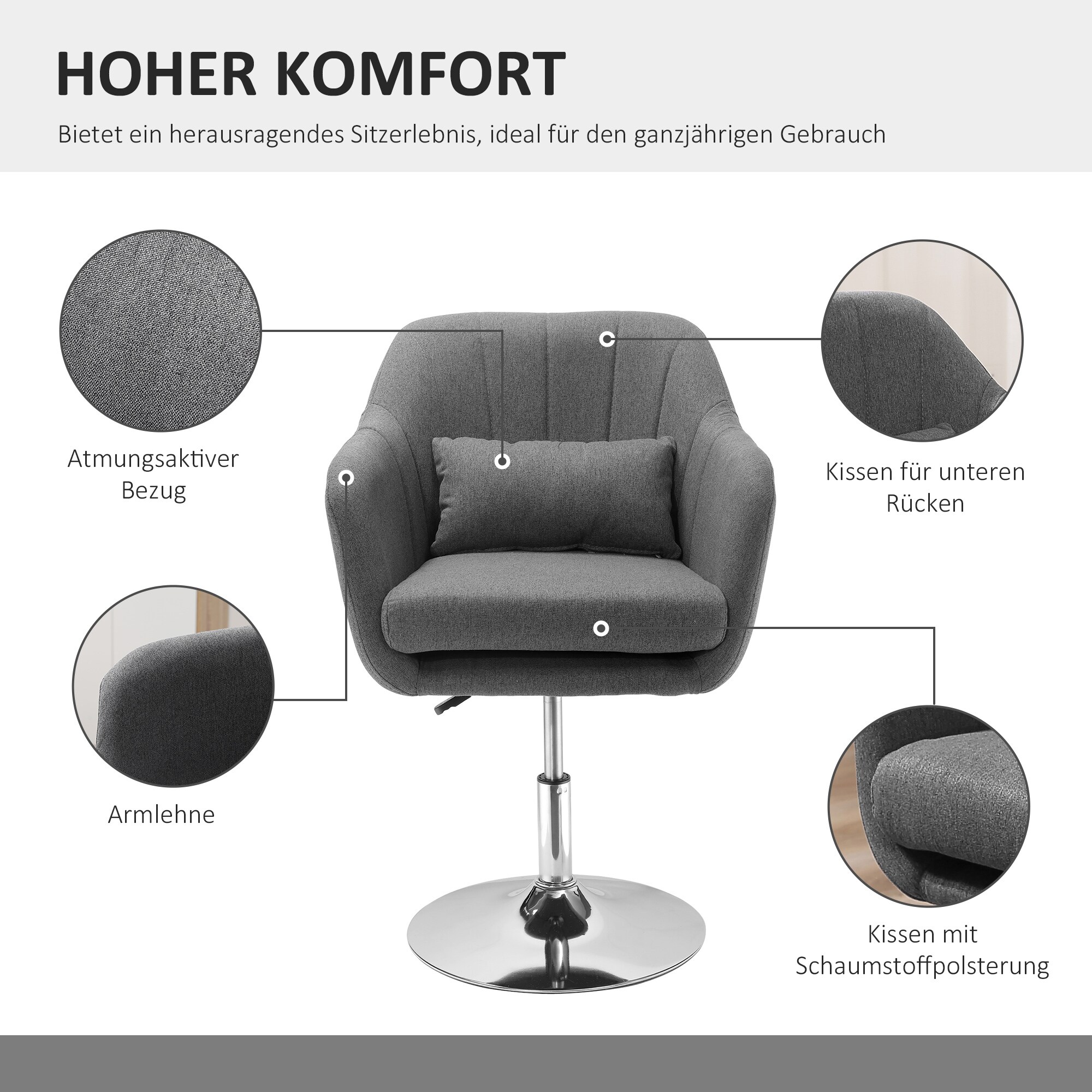 HOMCOM Bürostuhl im schlichten Design 57 x 57 x (77,5-87) cm (BxTxH)
