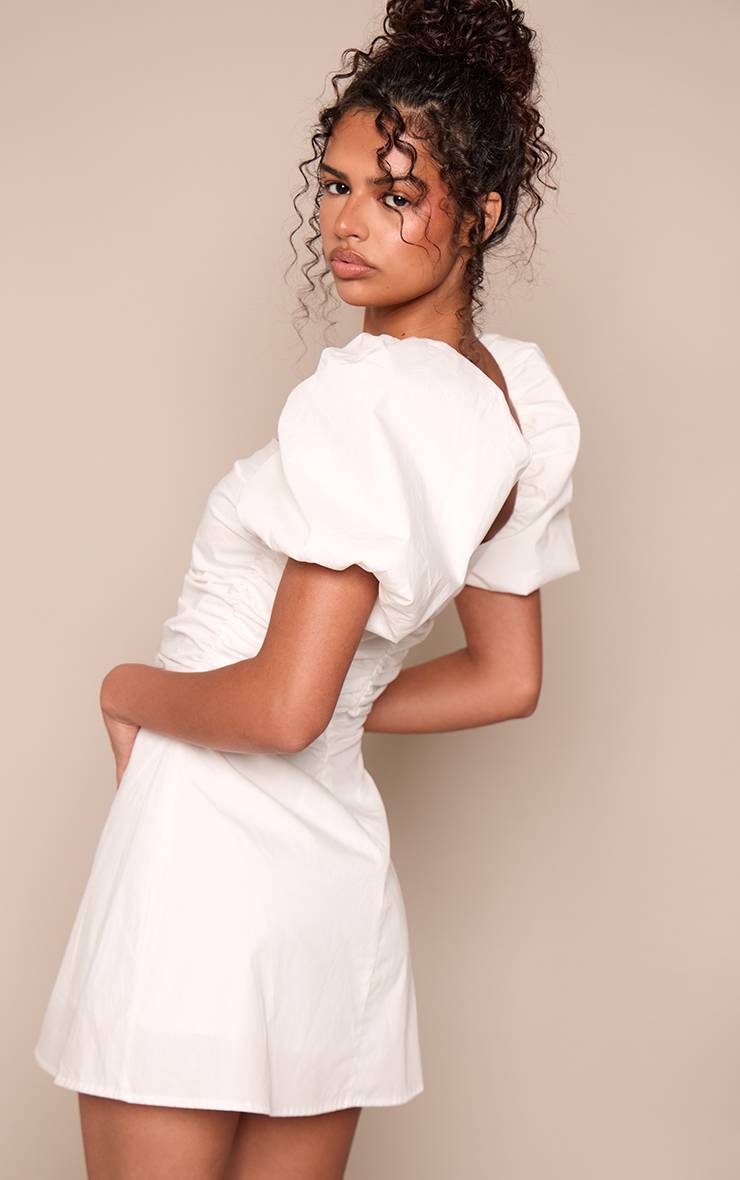 Blanc Robe Courte Tissée À Encolure Droite Et Manches Bouffantes