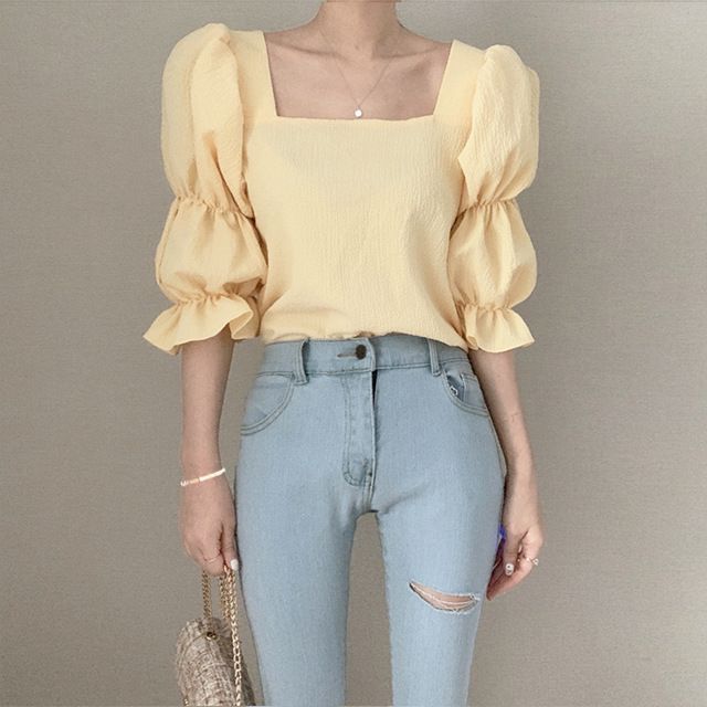Elvik - Blouse met vierkante hals en elleboogmouwen