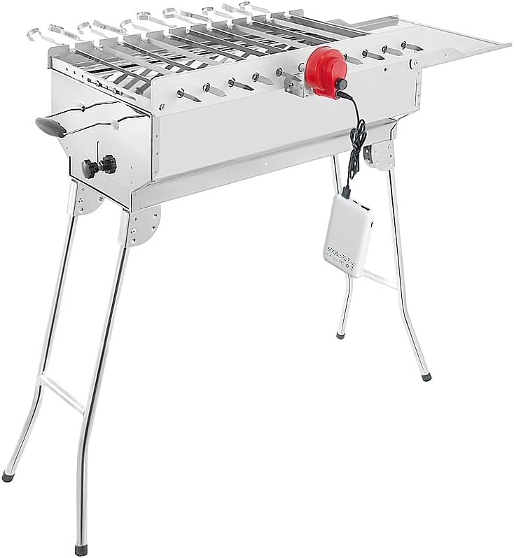 BEM Rambo Mangal Schaschlikgrill, Grillset mit Zubehör inkl. Powerbank + Motor, Elektrisch, Edelstahl, Klappbar, Holzkohlegrill mit Spießen