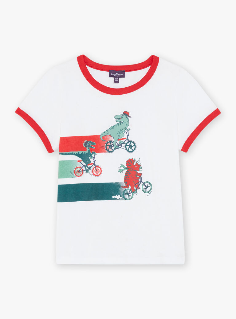 T-shirt blanc avec dinosaures sur des vélos