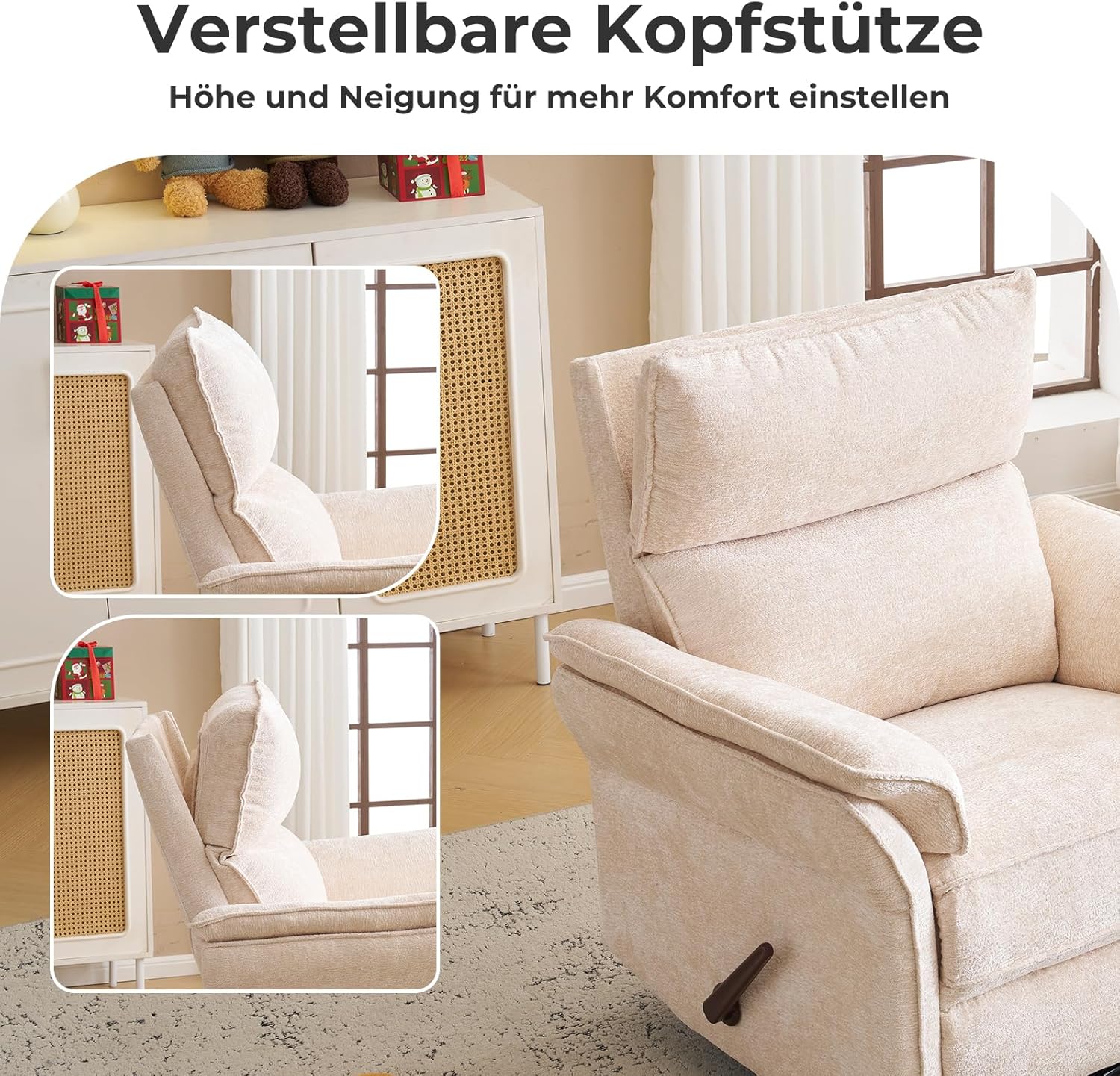 Fernsehsessel Relaxsessel mit Liegefunktion,360°Drehbarer TV Sessel Wohnzimmer, Schaukelstuhl mit Verstellbarer Kopfstütze,Dicke Rückenlehne und Armlehne,Seitentaschen,beige