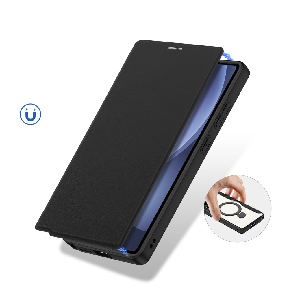 Samsung Galaxy S25 Ultra Hybrid Leder Tasche Kickstand Aufsteller   Kunststoff Rückseite MagSafe-Modul - Blau / Transparent