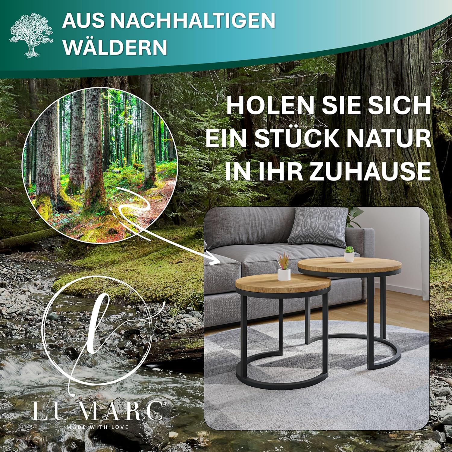 Modena, Couchtisch 2er Set aus Massivholz Eiche und Stahl, Handgefertigt in Europa, Beistelltisch, Wohnzimmertisch, Coffee Table, Schwarz, Rund, Ø50x43 cm / Ø40x38 cm