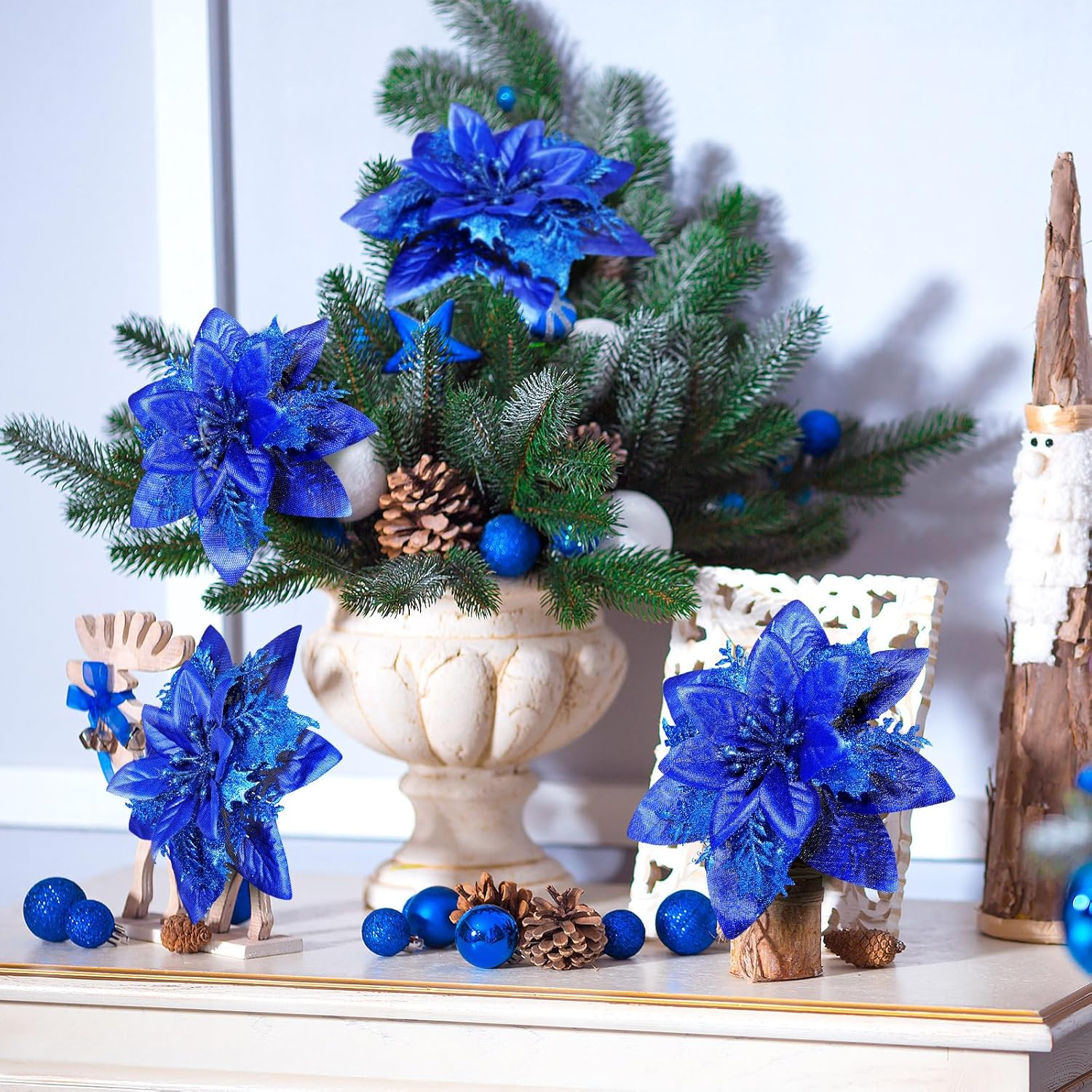 (12er Set) Christbaum Schmuck Glitzer Blumen Deko Ornamente - Dunkelblau
