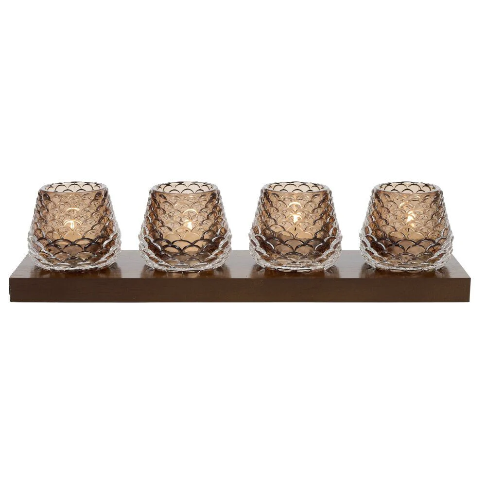 Plateau en bois avec 4 bougeoirs en verre forme pomme de pin 35x8,5x8cm