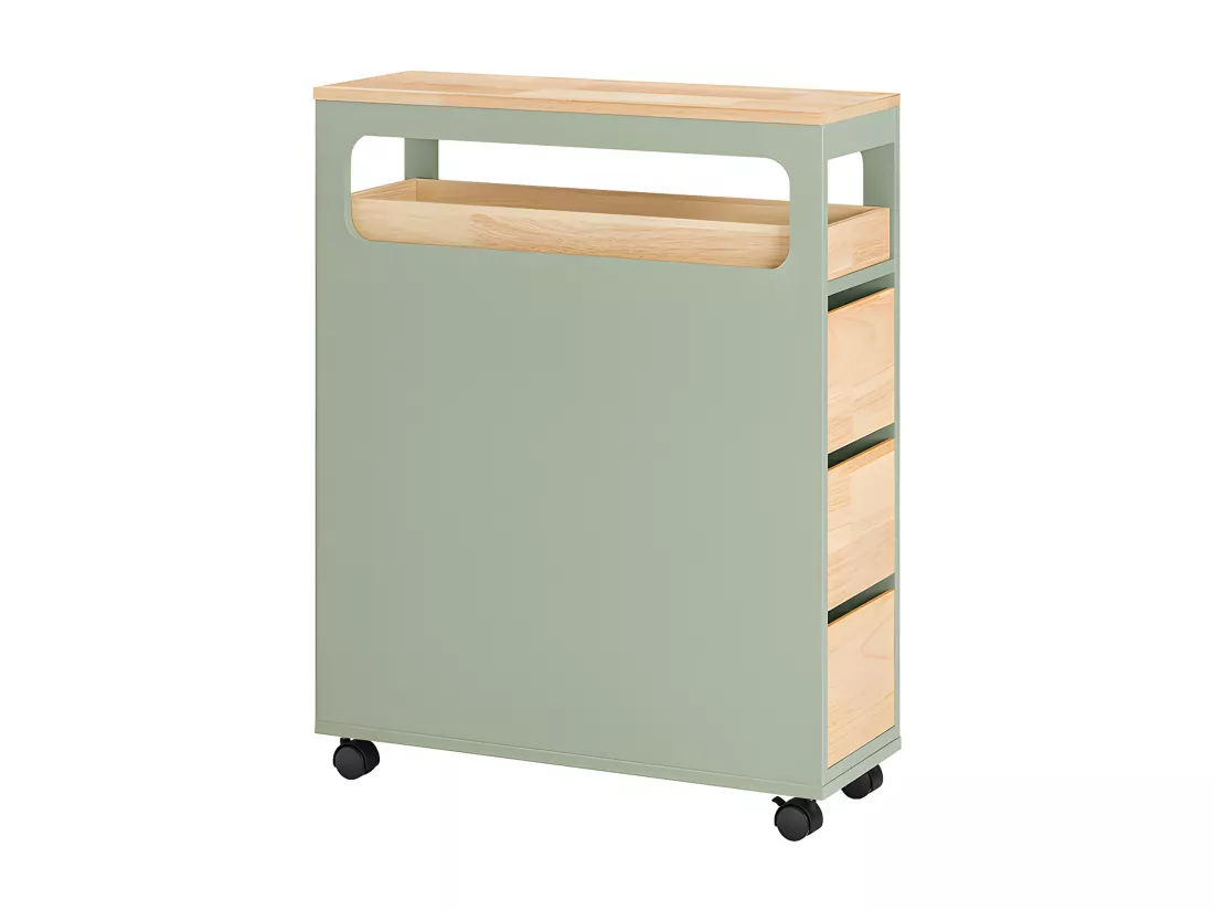 SoBuy Meuble de Rangement Salle de Bain Étroit sur roulettes, Support Papier Toilette, Armoire Toilettes WC Compact, Rangement Polyvalente avec 1 Plateau Amovible et 3 tiroirs, 65x24x82cm, BZR54-GR