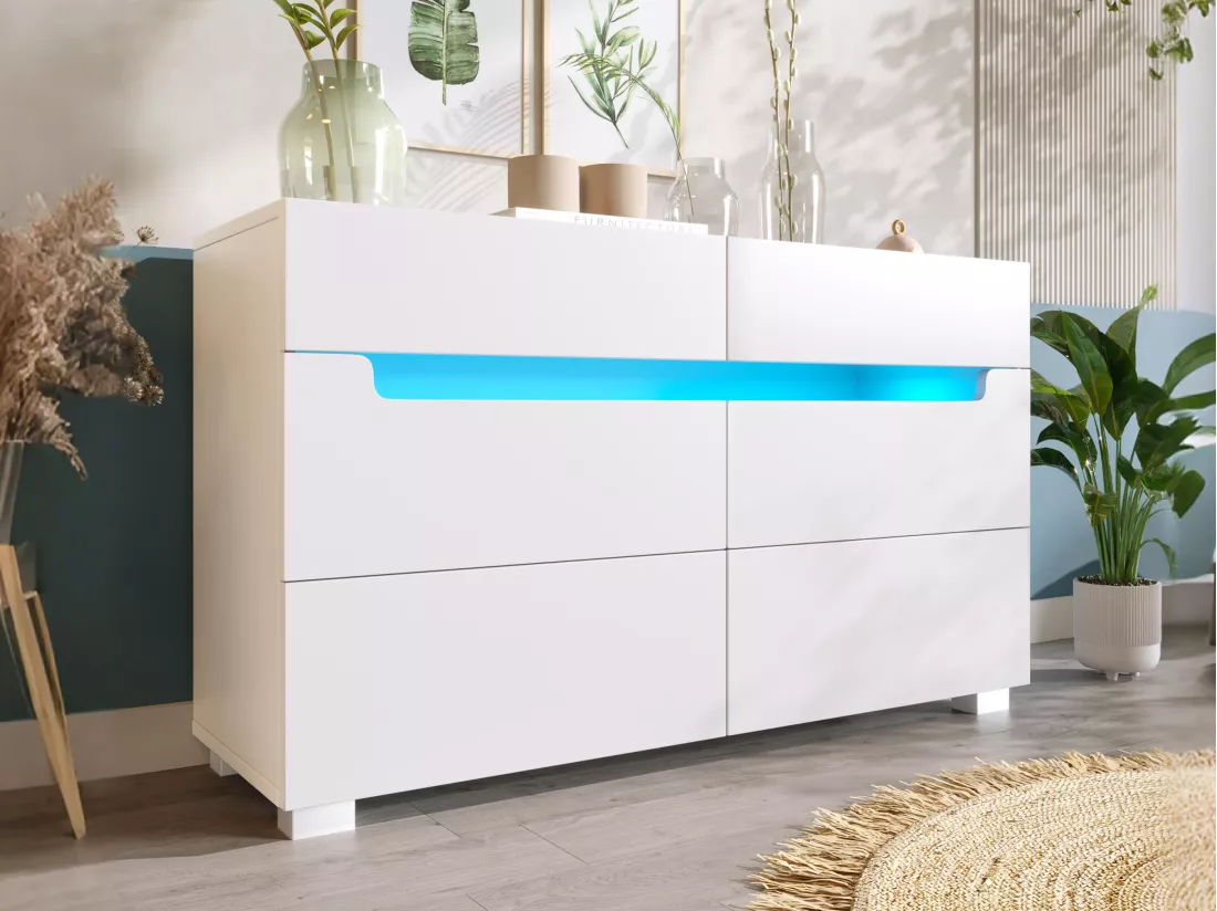 Commode avec LED - 6 tiroirs - effet brillant - Blanc