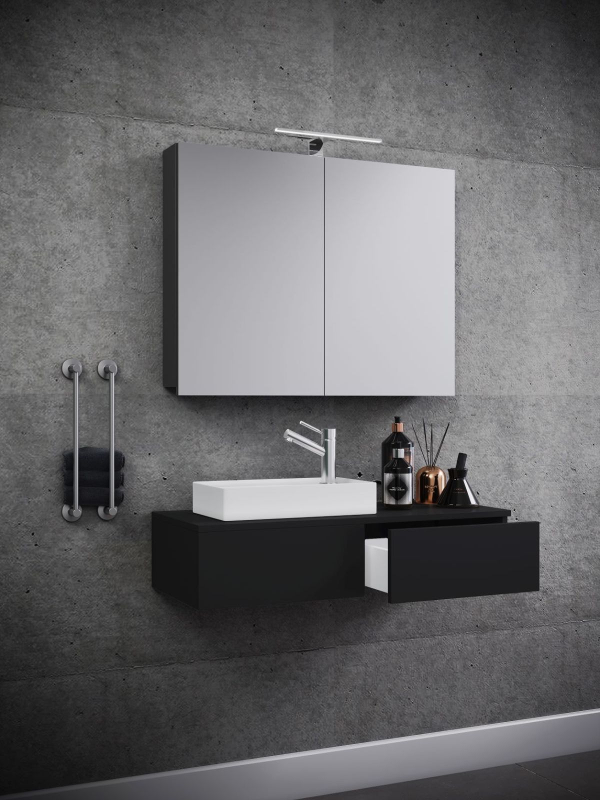 3-teiliges Badmöbel-Set GUDAS - schwarz - mit Spiegelschrank