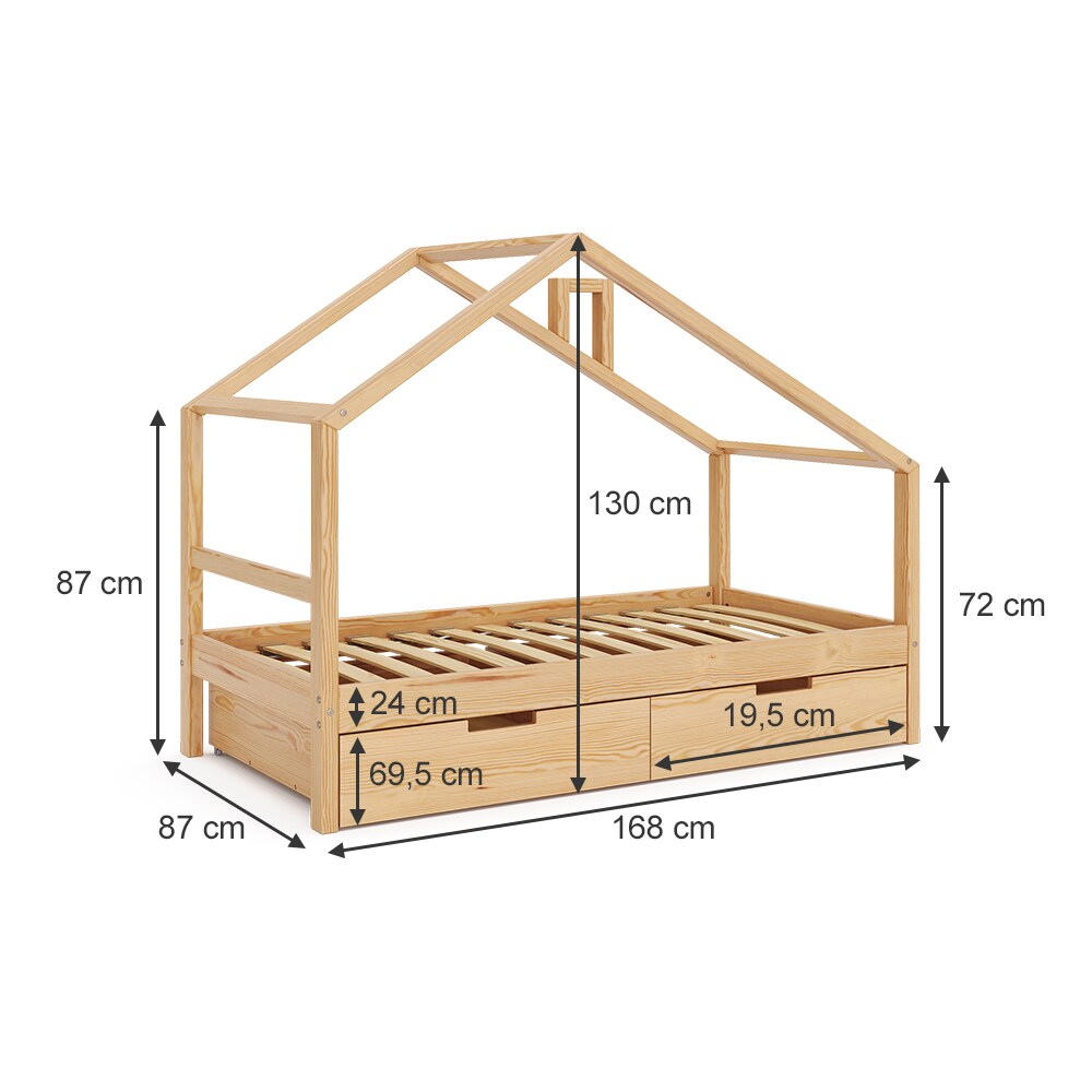 VitaliSpa Kinderbett Lori 160x80cm Natur Hausbett inkl. Matratze & Schublade