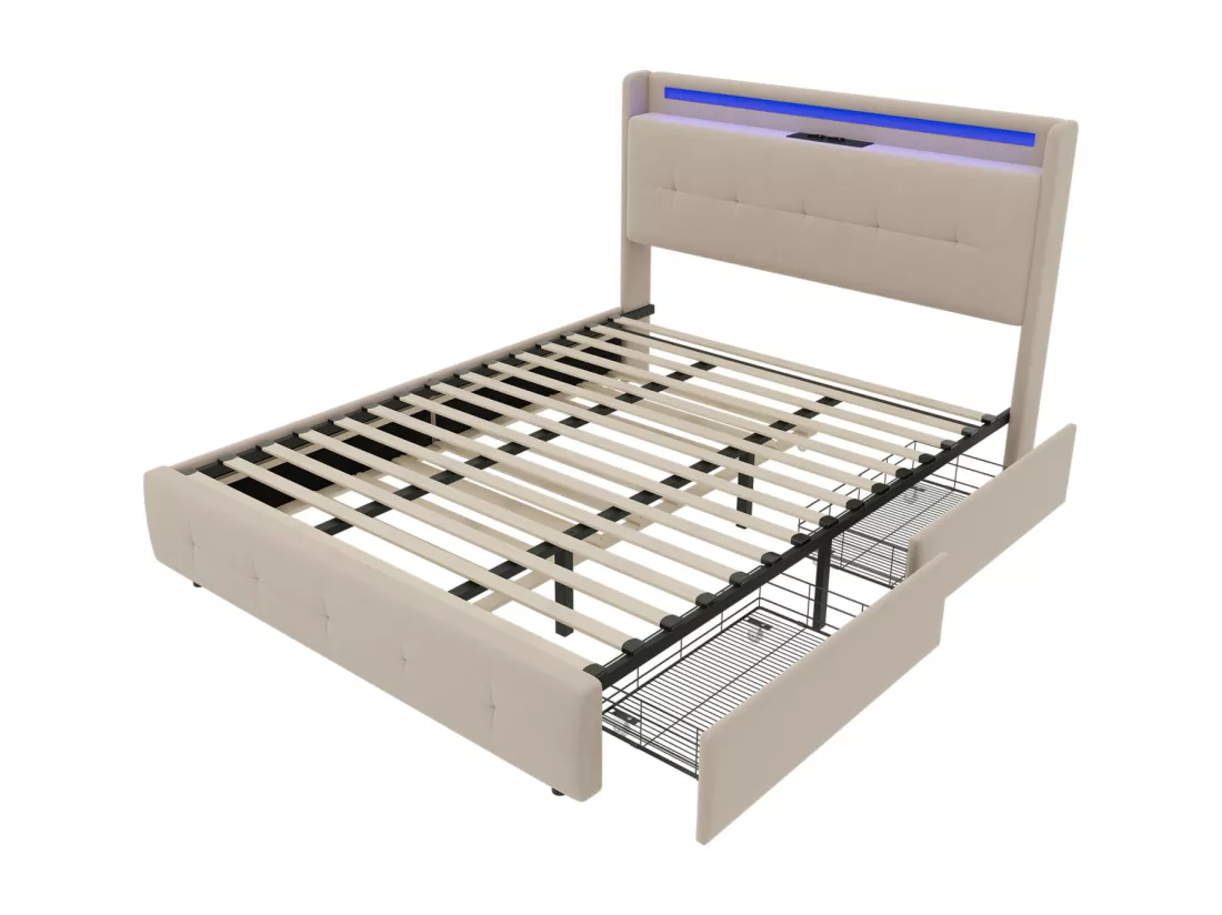 Lit double rembourré 140x200 cm Lit adulte avec lit gigogne éclairage LED 2 tiroirs ports USB et sommier à lattes - beige