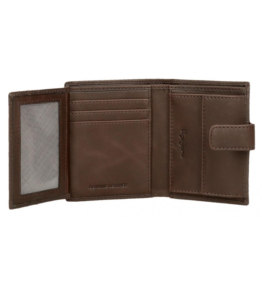 Carteira Pepe Jeans Checkbox em couro com fecho de clique marrom