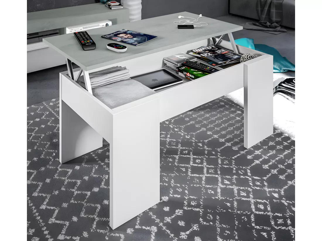 Table basse modulable coloris Blanc Artik / Ciment en mélamine avec plateau - Dim : 45 x 100 x 50 cm