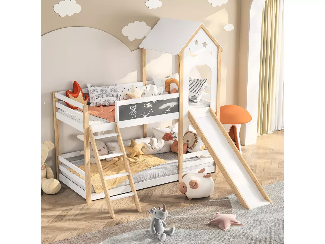 Lit superposé 90x200cm, lit enfant avec escaliers et toboggans, tableau d'écriture, 2x sommier à lattes, bois massif