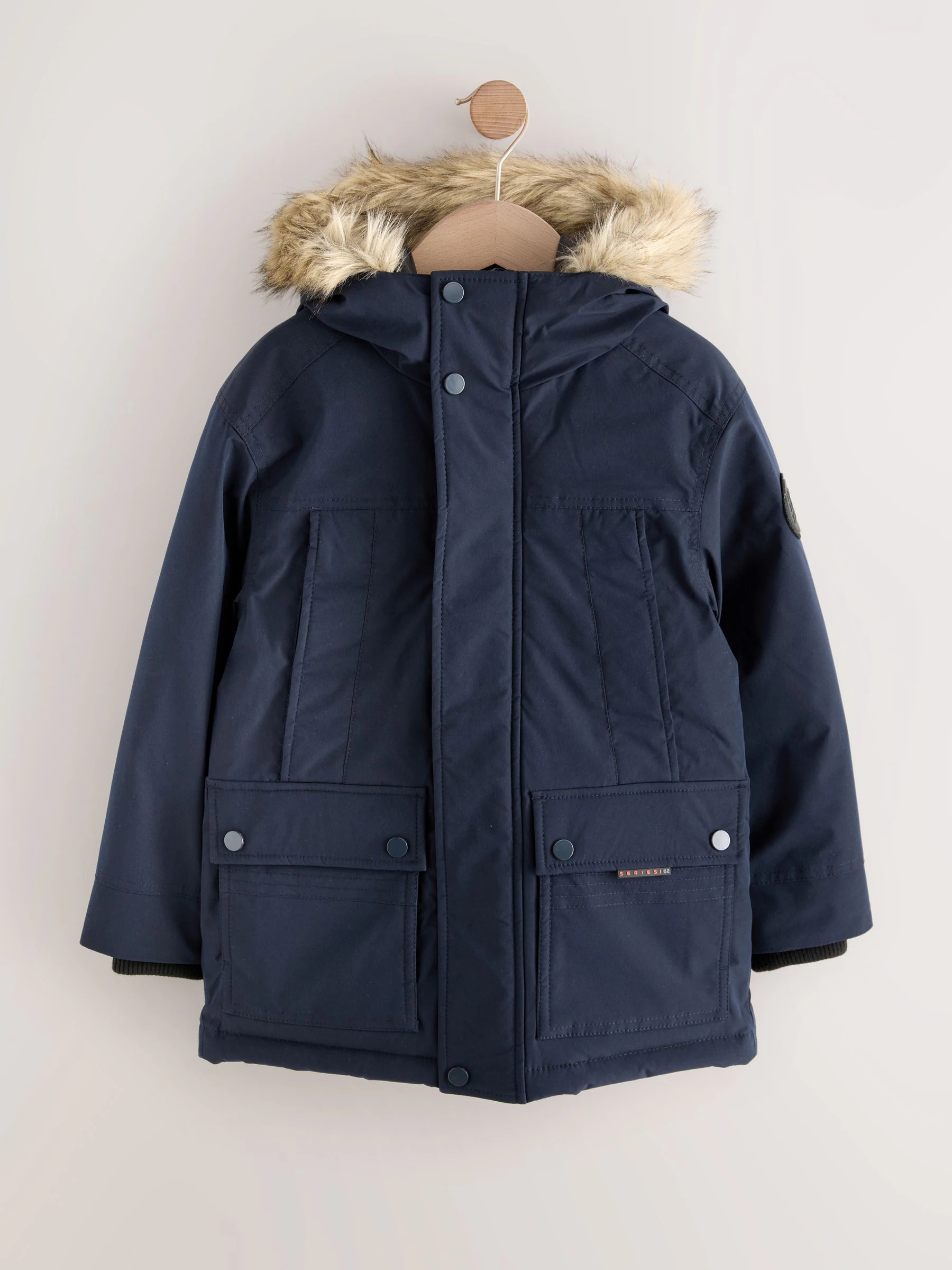 Marineblauw - Zware regenbestendige parka met imitatiebontrand (3-16jr)