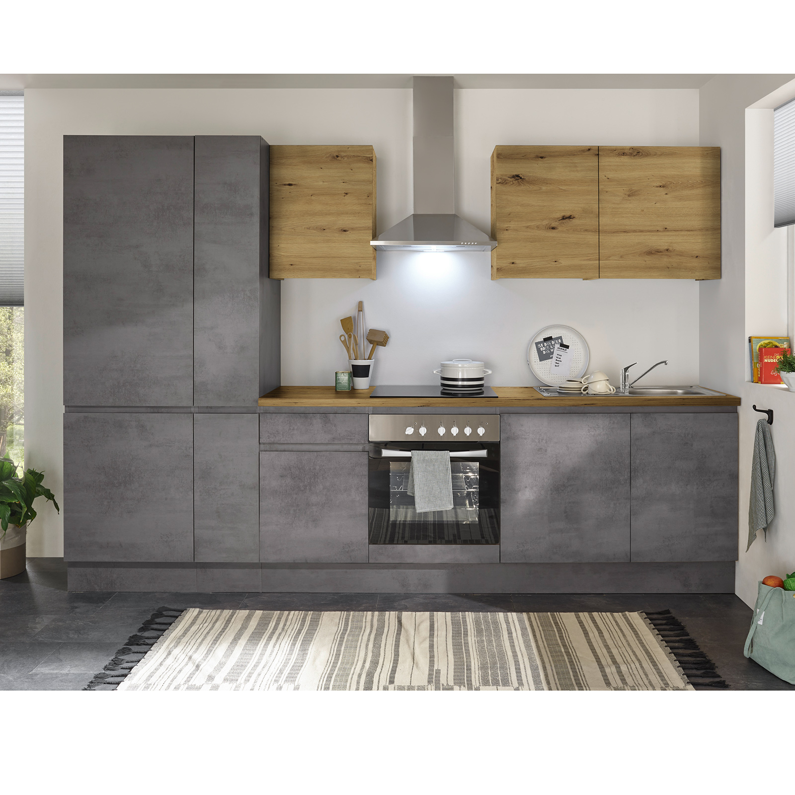 Küchenblock - Chromix anthrazit - Artisan Eiche - mit E-Geräten - 310 cm