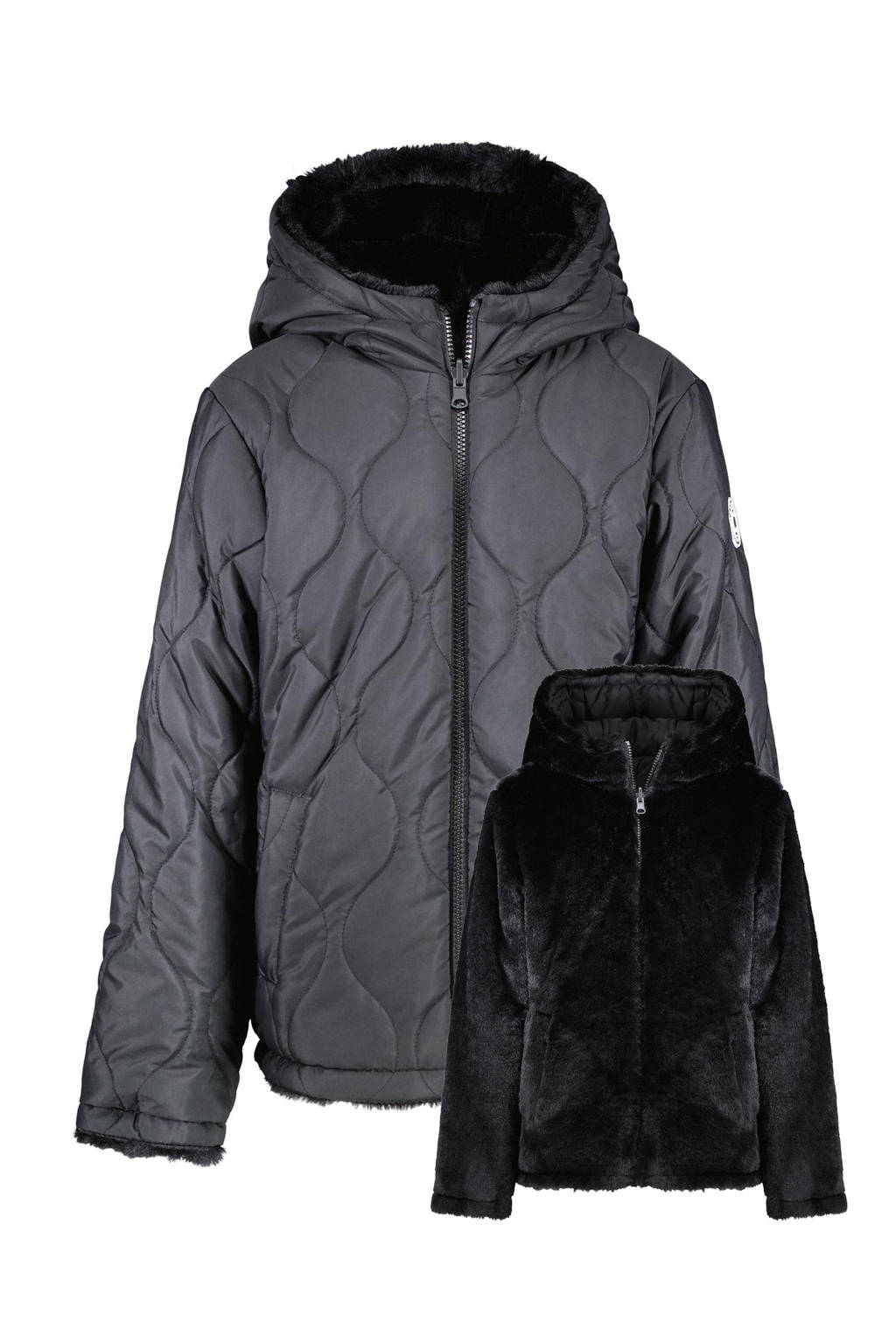 Cars reversible quilted gewatteerde imitatiebont winterjas RIES zwart