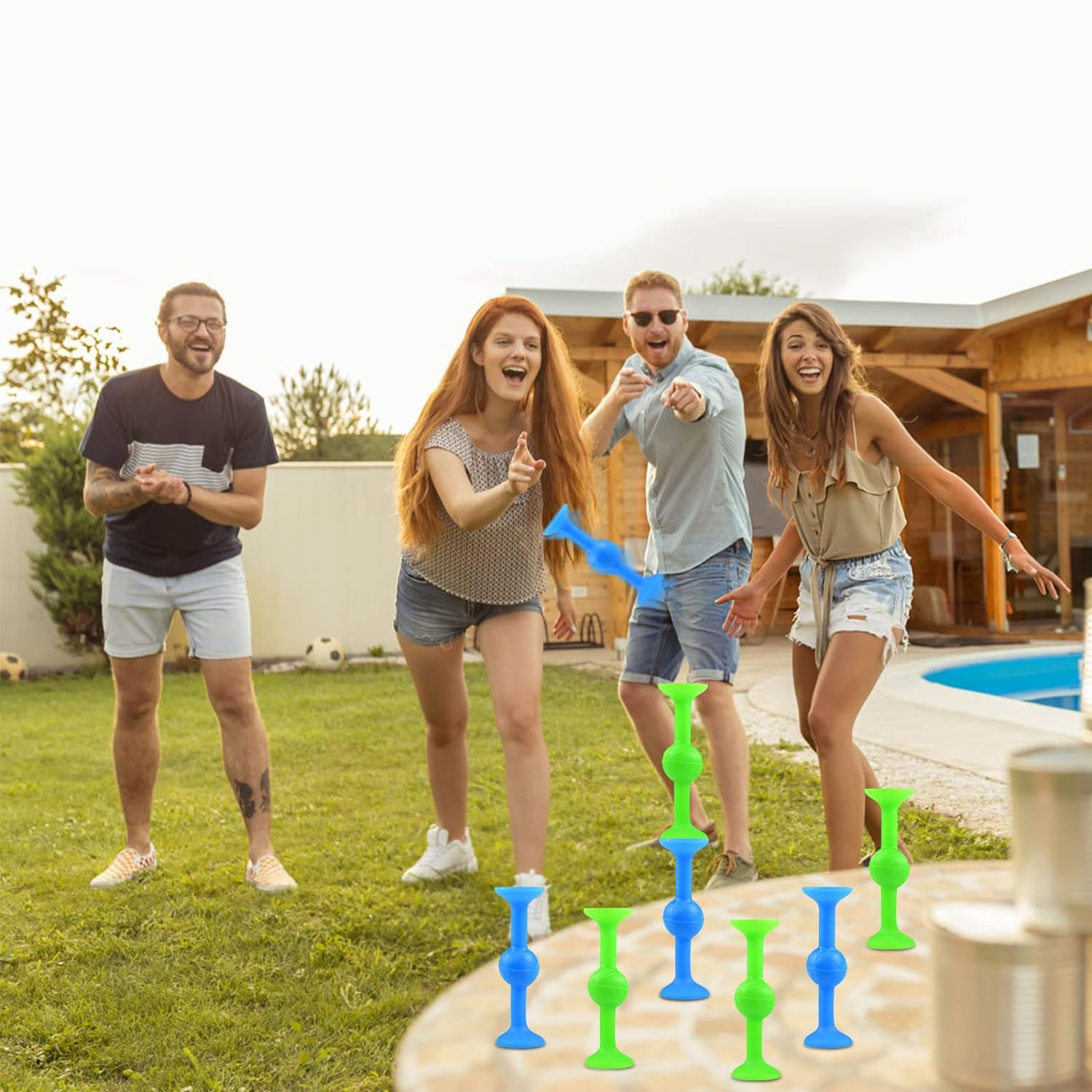 (9-tlg. Set) Saugnapf Wurfspiel Fenster Dart Spiel Anti Stress Spielzeug Party Spiel für Kinder / Erwachsene - Blau / Grün