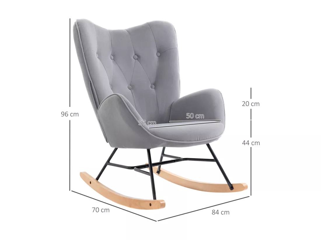 Fauteuil à bascule oreilles rocking chair grand confort accoudoirs assise dossier garnissage mousse haute densité aspect velours gris