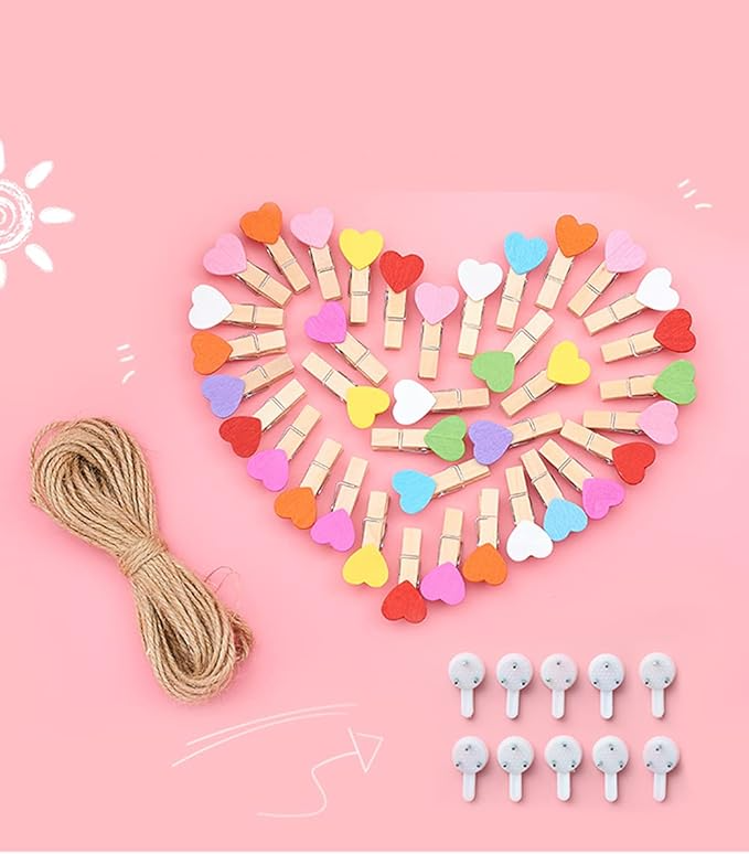 (66-tlg. Set) 4cm Holz Herz Klammern DIY Bastel Deko Wäscheklammern inkl. Jute Schnur   Wand Clips - Bunt