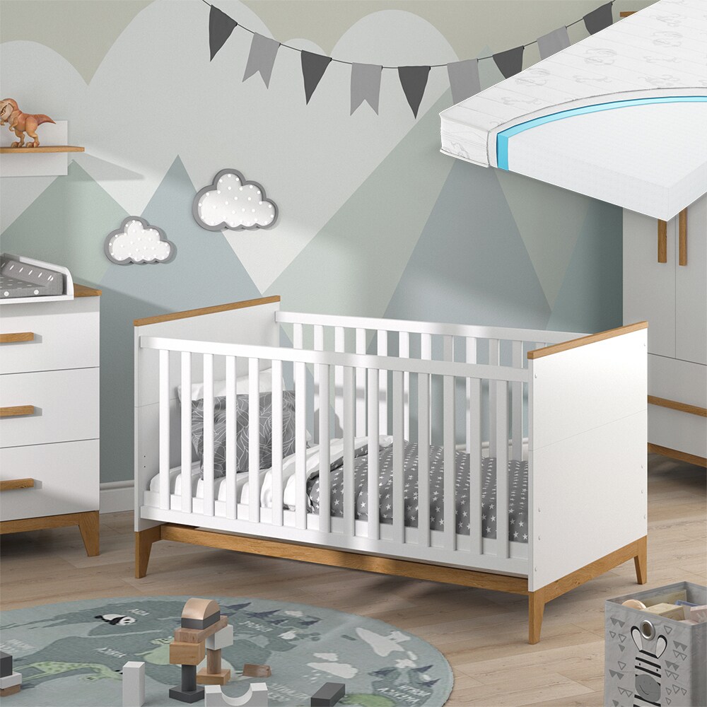 VitaliSpa Kinderbett Babybett Juniorbett Malia Weiß Eiche Matratze modern 70x140 cm Kinderzimmer Bett Babyzimmerbett Kindermöbel Babymöbel Schlupfsprossen Lattenrost Rausfallschutz Einzelbett