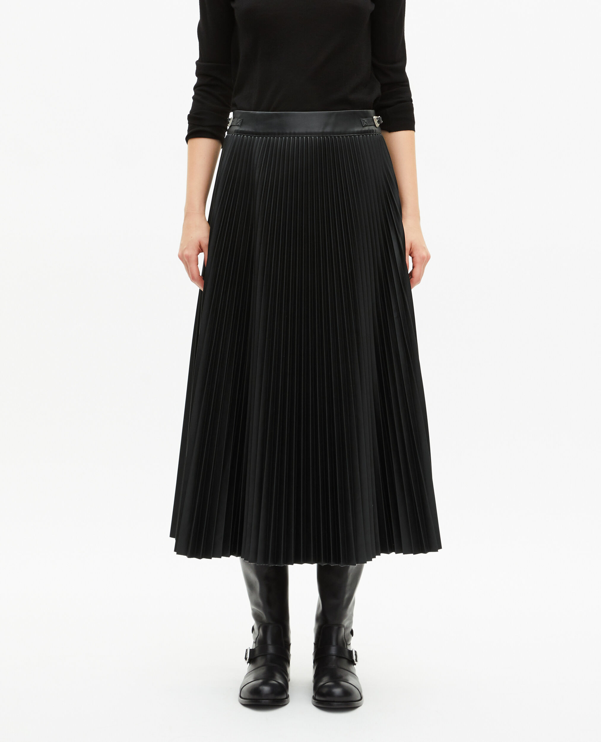 Jupe longue plissée effet cuir noire