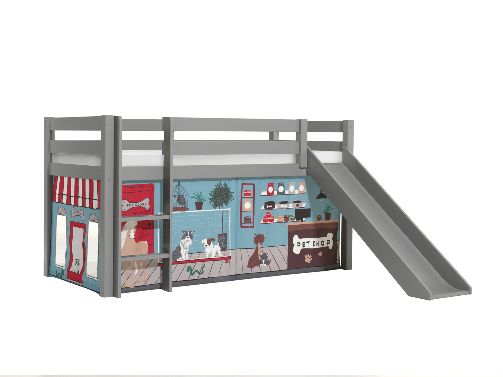 Halbhochbett PINO - PET SHOP - Kiefer grau Massivholz - mit Rutsche - 90x200 cm